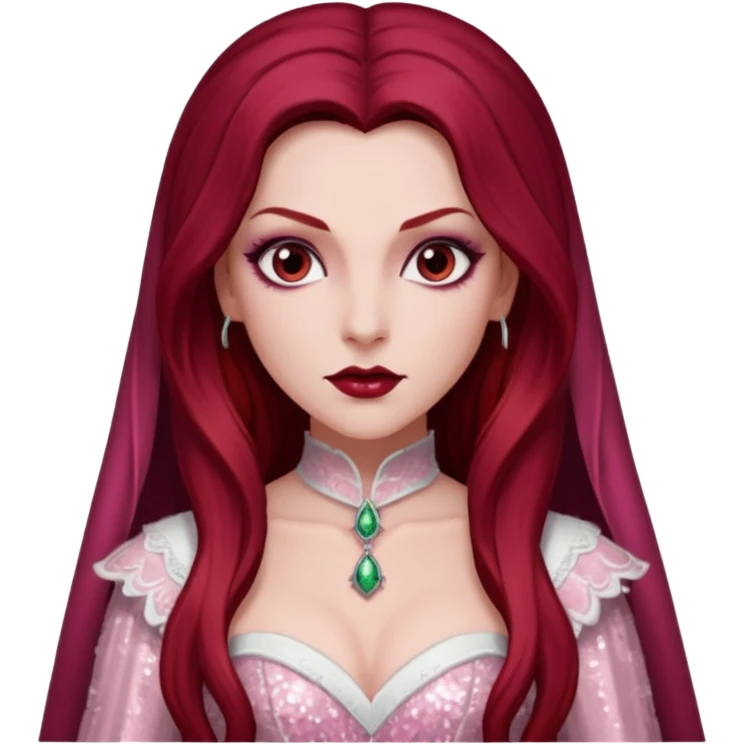 Aleera, Bride of Dracula from Van Helsing with long dark red hair, light pink sequin outfit emoji