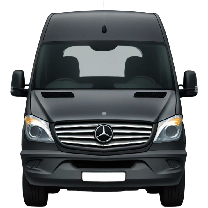 Dark grey Mercedes sprinter van with two round circle headlights that are yellow  emoji