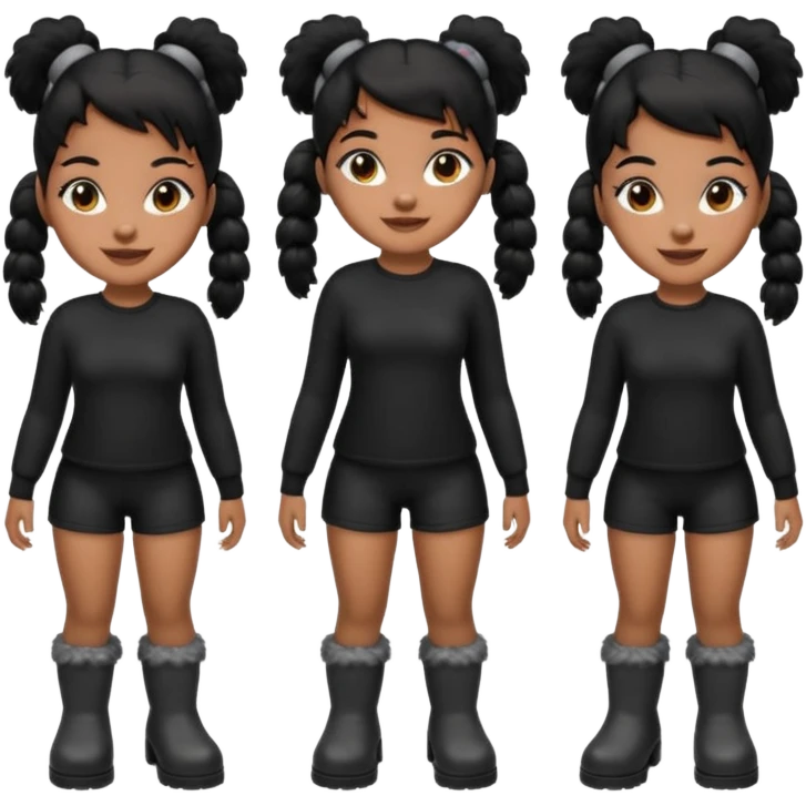 A brown skin thats slim and thick body with black hair into two pigtails and wears all black outfit with gray furry boots  emoji