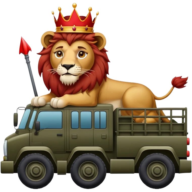 A lion on an army truck with a red crown on his head  emoji