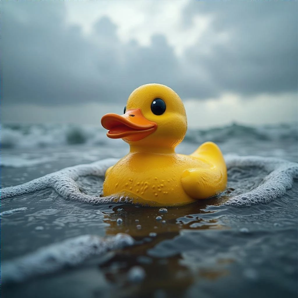  Cinematic still, Extreme Closeup shot of Yellow duck toy on ocean during cloudy day, stormy sea, Camera from top, inspired by interstellar emoji