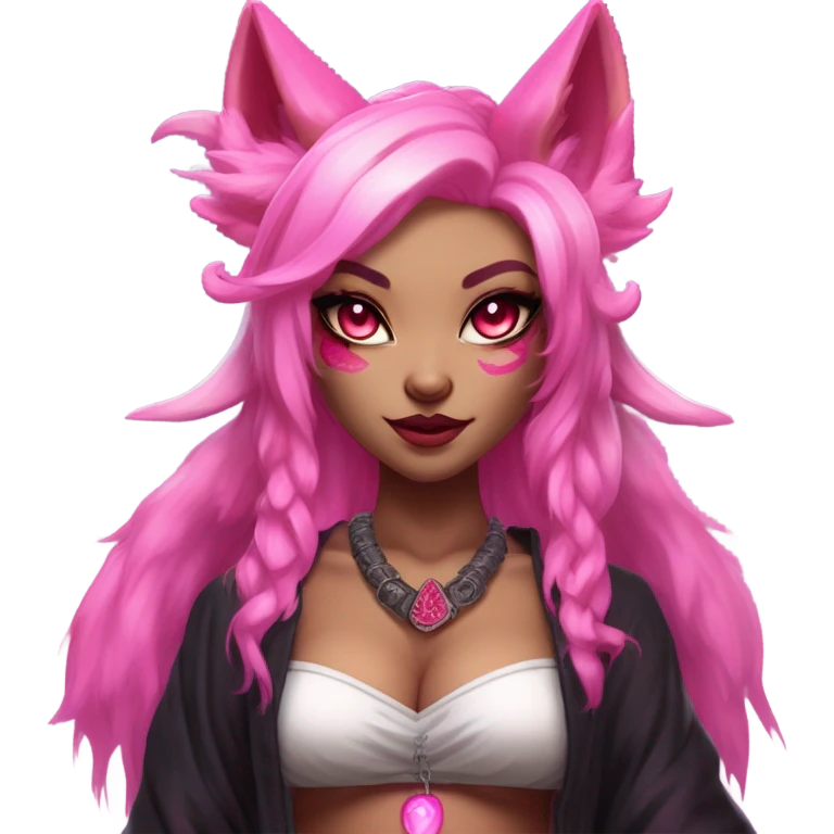 gender: female, succubus kitsune, neon pink eyes, vibrant pink hair, alabaster skin, voluptuous, athletic, fluffy black tails, pink tail tips, spiked choker, unique heritage, seductive charm, rebellious spirit, traditional kimonos emoji
