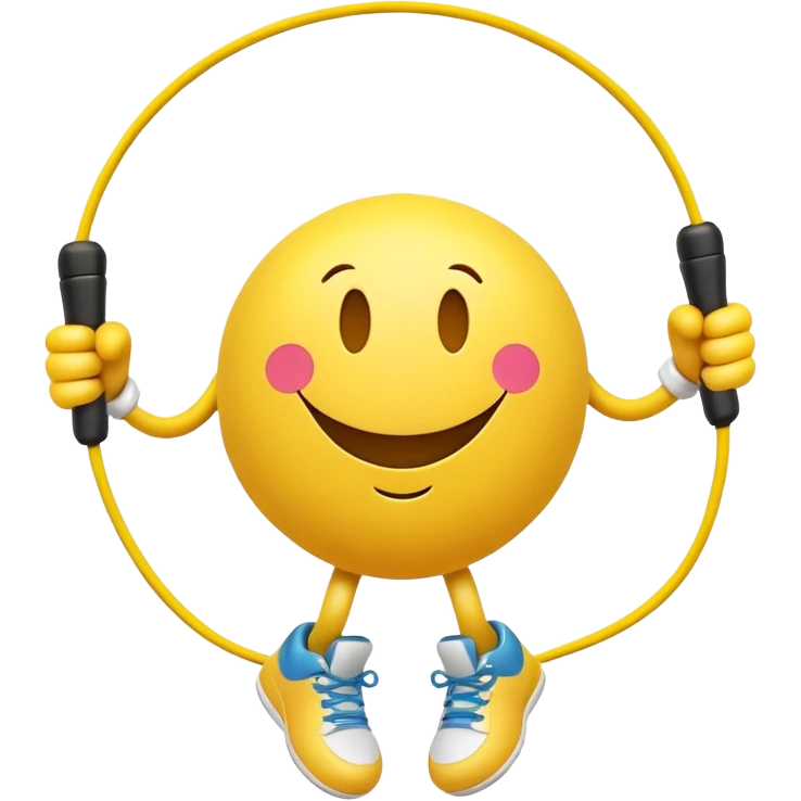 smiley face character jumping rope, energetic pose emoji