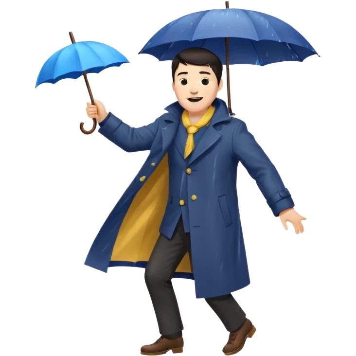 A dark-haired boy with a white beard dancing with an umbrella in the rain emoji