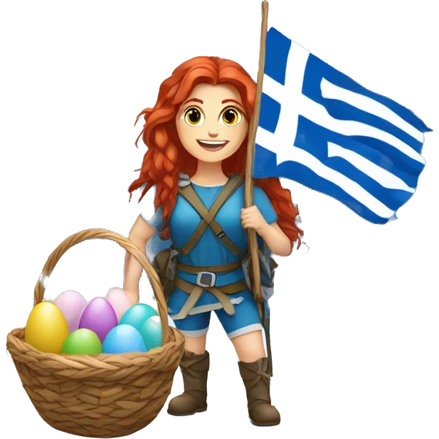 Greek Female winter mountaineer red hair white skin climbing with Greek Flag and Easter eggs basket emoji