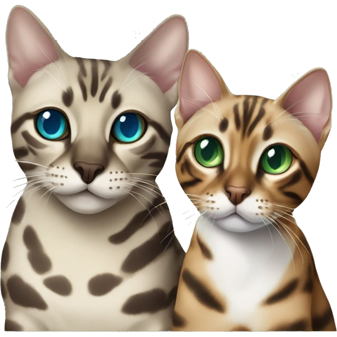 Seal Bengal cat with Blue eyes + charcoal Sepia bengal cat with Green eyes sit Next to each other  emoji