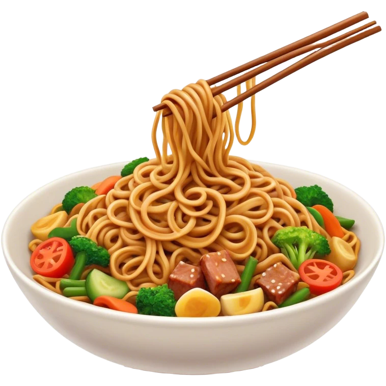 Cinematic Realistic Mie Goreng Dish Emoji, featuring stir‚Äêfried noodles with vegetables and meat rendered with dynamic textures and warm, appetizing lighting. emoji