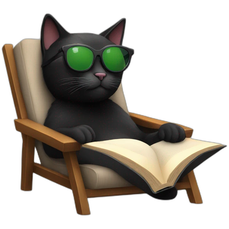 Black cat with sunglasses in lounge chair reading a book  emoji
