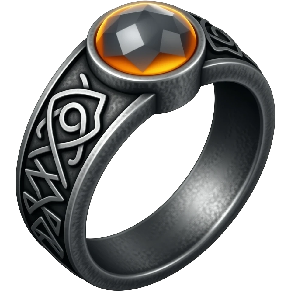 A runic ring meant for dark warlocks, dark and ominous with strange occult markings. Make it foreboding, maybe with a dark grey and orange gem emoji