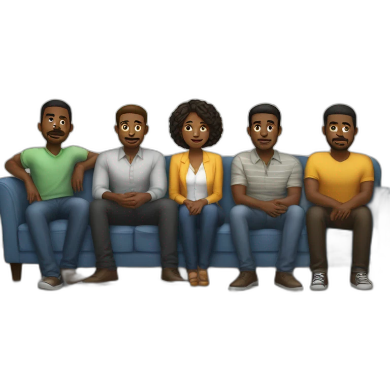 five black mens stand behind the sofa and one white woman sit on sofa emoji