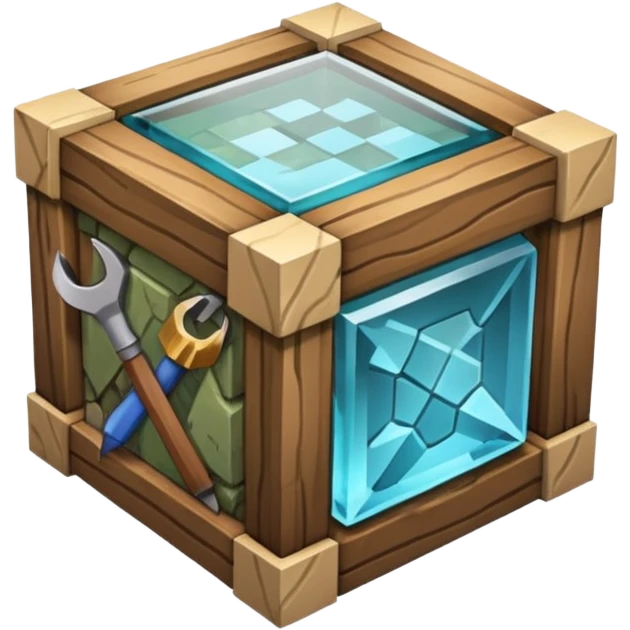crafting table with tools like a minecraft style cube crafting table 100% like a minecraft table crafting, with on the right, left, a glass showing crafting merging between stone and wood emoji