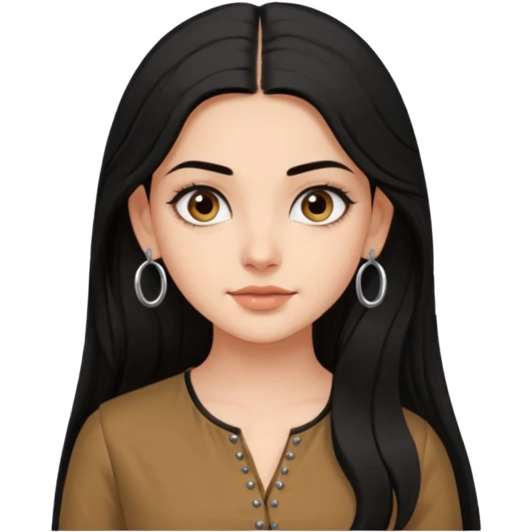 a pretty bratz fair girl with long black hair, kajal under eyes, small silver hoop. brown kurti on emoji