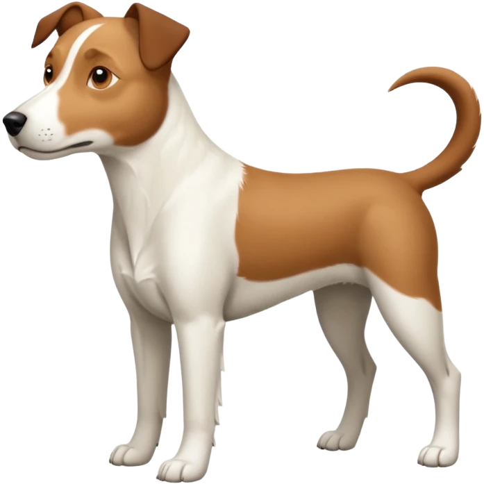 a full body large white parson russell looking dog the size of a kelpie with light brown ears and a light brown patch on one eye and a large snout emoji