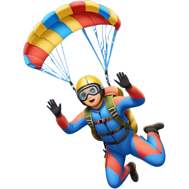 Colorful emoji. A skydiver free-falling through the sky, with a brightly colored parachute open above them. The background features a vast blue sky dotted with fluffy clouds, birds soaring nearby, and a plane flying off in the distance, emphasizing the thrill and freedom of the sport. emoji