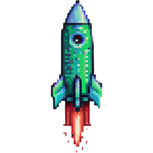 sleek pixel art rocket with green to red gradient, shooting diagonally to the upper right corner emoji