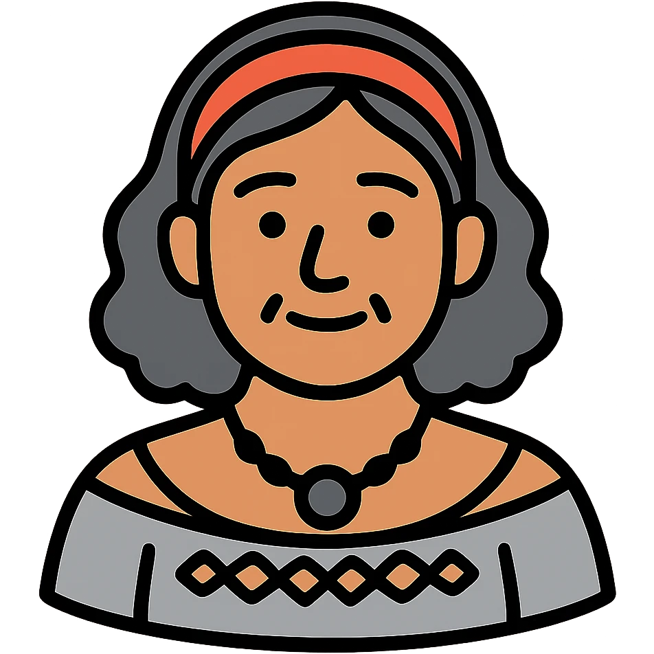 Latina woman around 50 years old, warm light brown skin, soft round face with slightly prominent cheeks, neutral-pleasant expression, wavy shoulder-length hair mixed black and gray, red and white headband, medium eyes with thin subtly painted eyebrows, discreet kind smile, gray peasant blouse with decorative embroidery and bare shoulders, dark large stone or flower necklace, warm maternal energy emoji