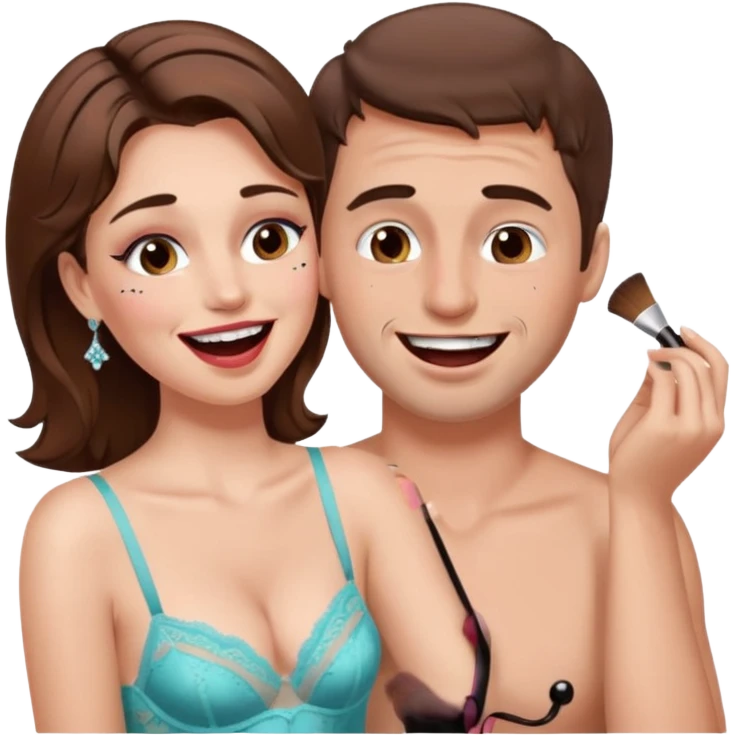 brown hair male getting sissified in lingerie dress by his wife. the wife is crying with laughter. she is doing the males makeup emoji