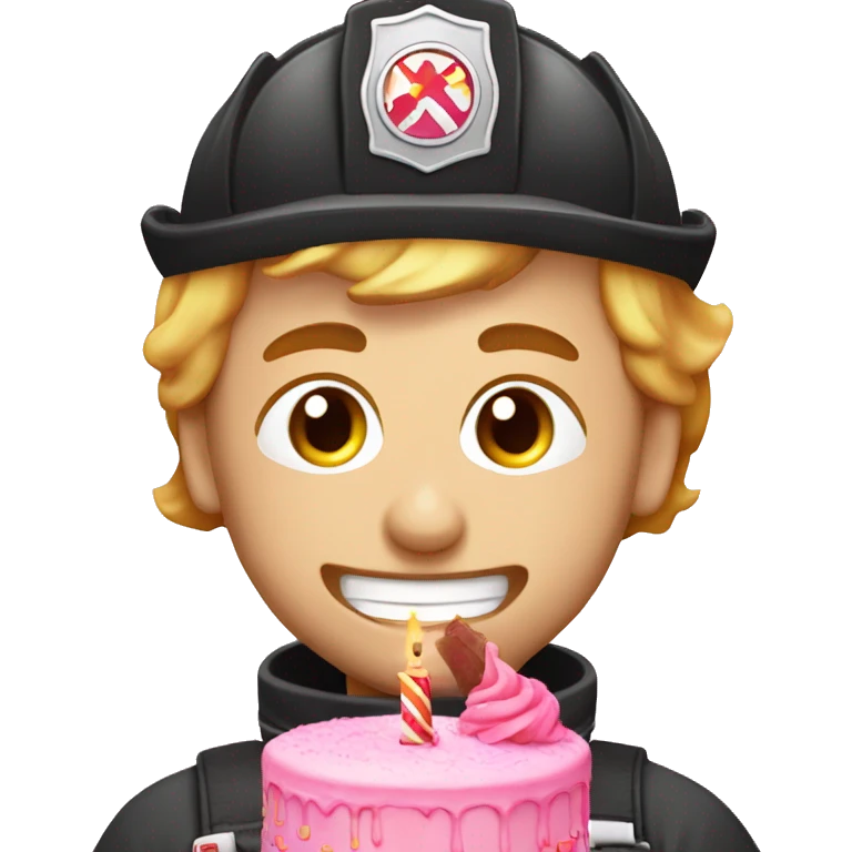 Caucasion male Firefighter eating pink birthday cake emoji