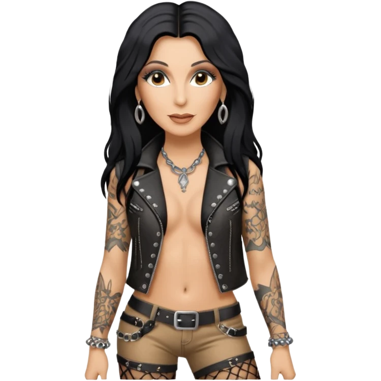 realistic cinematic singer Cher in a typical rocker's attractive outfit with leather and lace, half-naked as in the video If I Could Turn Back Time emoji