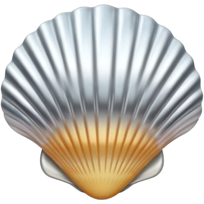 A seashell emoji made of polished silver chrome, smooth curved surface, reflective metallic highlights, elegant minimal design, iOS emoji style, centered, clean white background, soft lighting emoji