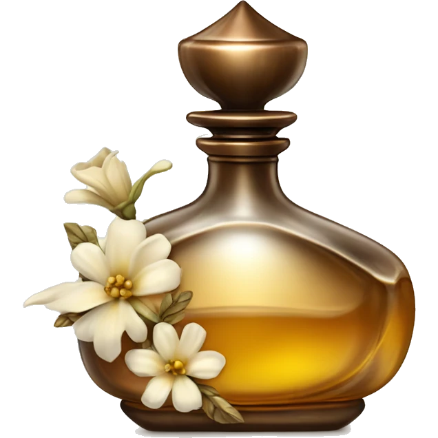 An antique perfume bottle with oil made of bronze and brown crystals, from which white cream and coffee milk flow, yellow flowers of fragrant vanilla lie next to it emoji
