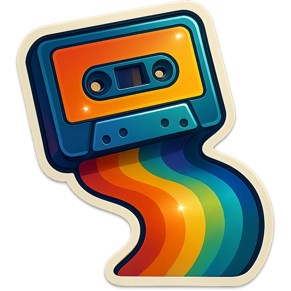 a cassette tape with a rainbow trail, retro sticker style emoji