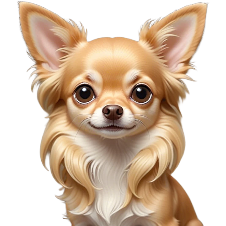 Cinematic Cute Long Haired Fawn Chihuahua Portrait Emoji, Head tilted playfully and inquisitively, silky long fawn hair with gentle highlights, round, sparkling dark eyes filled with curiosity, Simplified yet irresistibly adorable features, highly detailed, glowing with a warm, friendly glow, high shine, affectionate and lively, stylized with a touch of whimsy, bright and endearing, soft glowing outline, capturing the essence of a mischievous yet loving companion, so playful it feels like it could prance out of the screen and into your arms! emoji