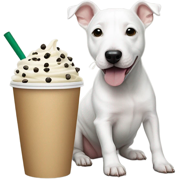 White mini bull terrier with black spots on body and a fluffy parson Russell terrier eating pup cups from Starbucks  emoji