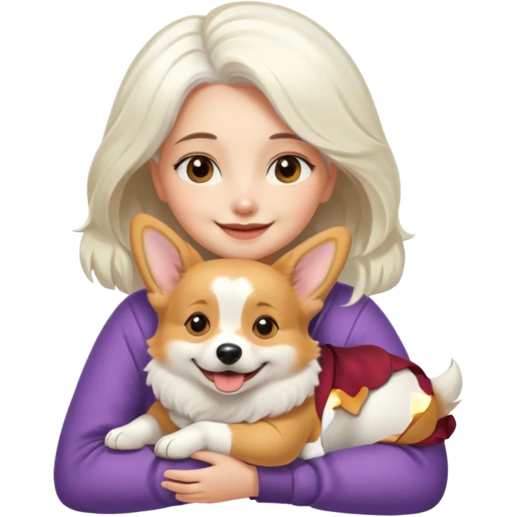 Девушка с красивыми густыми белыми волосами улыбается и обнимает свою милую собачку корги  emoji