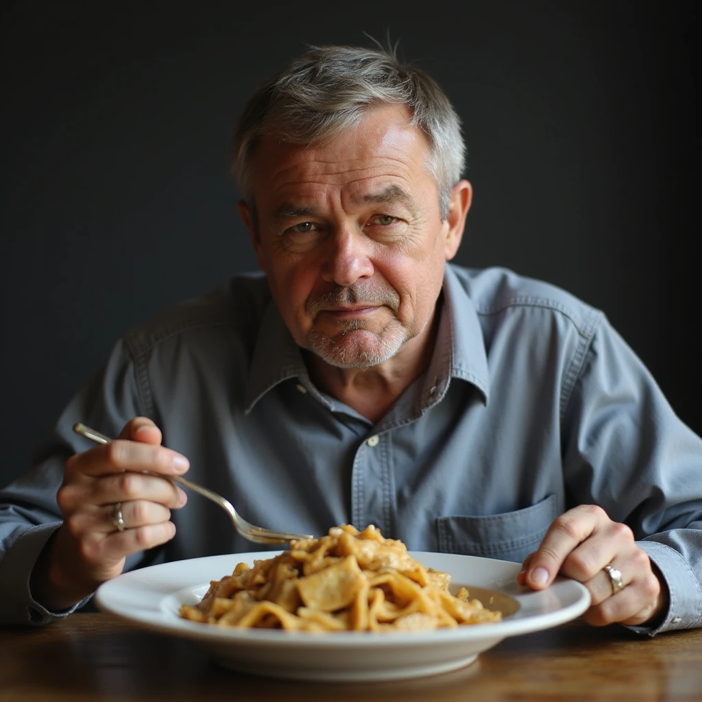 a sad man eating a plate of pasta, sad expression, hyperrealism, 4K emoji