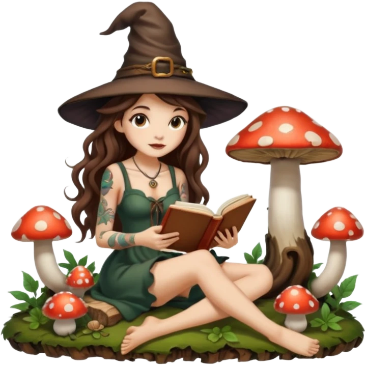 cute forest witch woman long wavy brown hair tattoos reading book on mushroom emoji