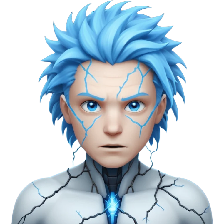 electric lab mutant portrait, head and shoulders only, glowing blue energy cracks on skin, wild hair, intense eyes, sci-fi lab accident vibe, 3D cartoon, mobile game icon style, clean background, no text, no watermark

 emoji
