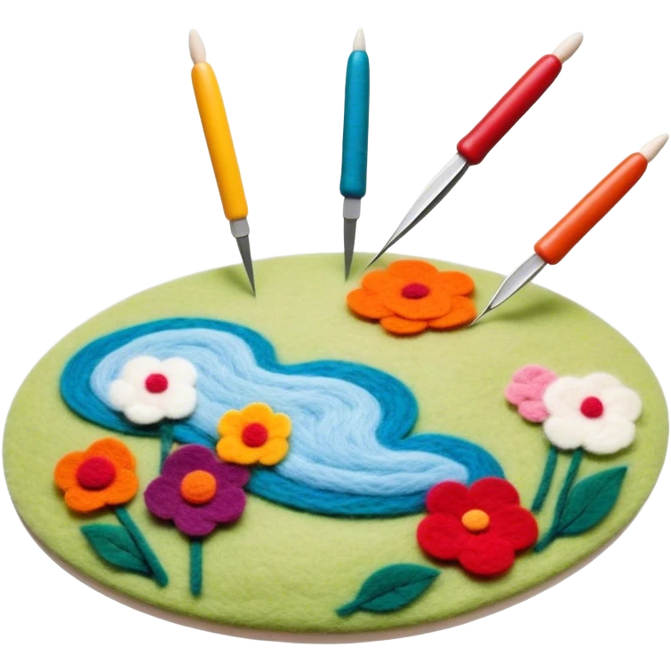 Felt art creation icon, layers of colorful felt being carefully shaped with felting needles into a large picture or decorative design, visible hand tools like felting needles, no finished artwork, just the process of felting, minimalistic style, clean lines, transparent background. emoji
