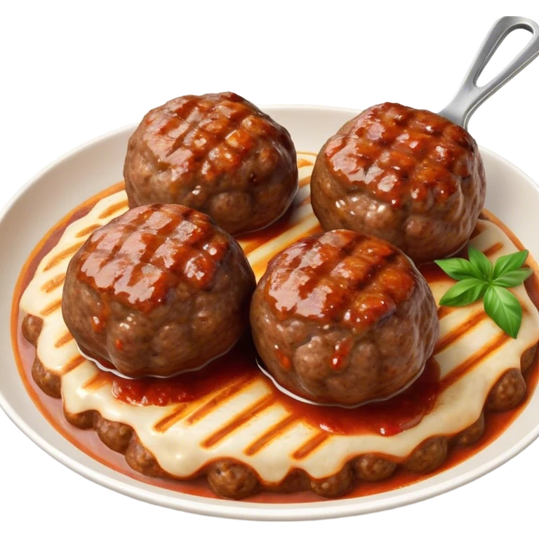 Cinematic Realistic Kofte Dish Emoji, depicted as seasoned, grilled meatballs with a charred exterior rendered with lifelike textures and robust, appetizing lighting. emoji