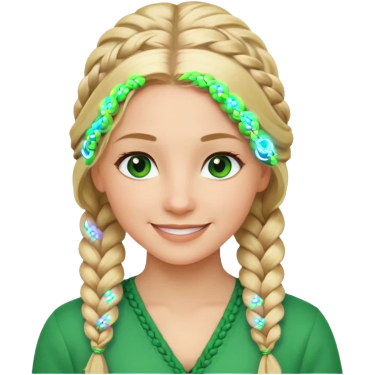 woman, long blond hair,green eyes, smiling, braid to the side emoji