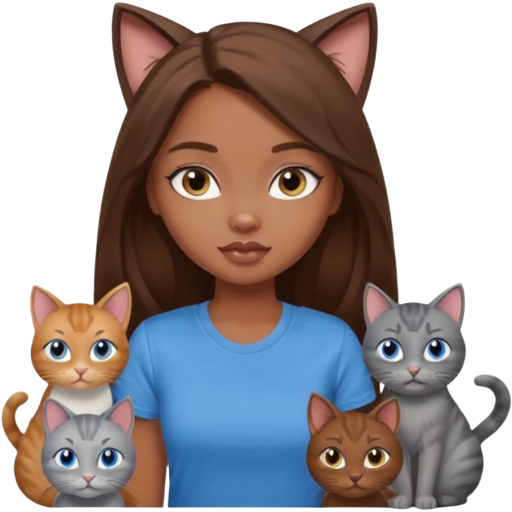 a pretty bratz dusky girl with long brown hair, blue eyes with six cats nd wearing a grey tshirt emoji