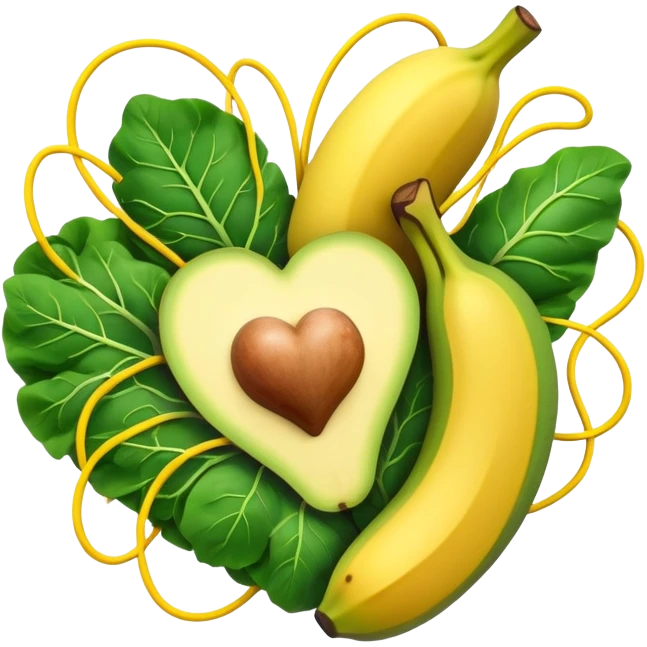Banana, avocado, potato and leafy greens emitting electrical sparks that flow toward a heart and nervous system. The electrical currents connect the potassium-rich foods to muscles and nerves, highlighting potassium's role as the body's electrical rhythm keeper. emoji