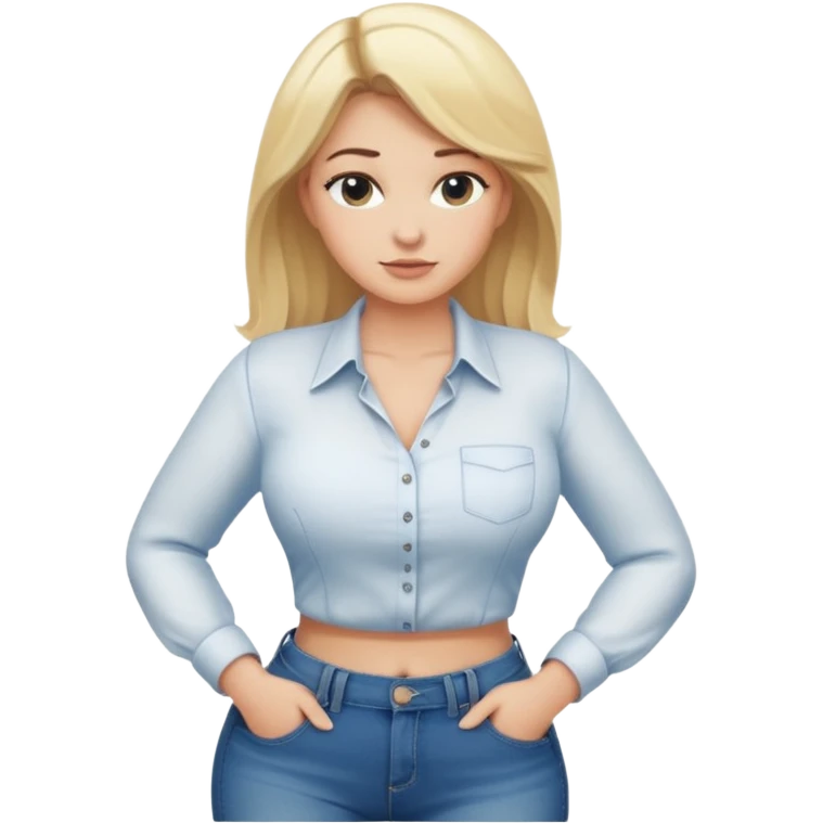 blonde woman with a voluptuous figure, bending forward, fully clothed, safe for work emoji
