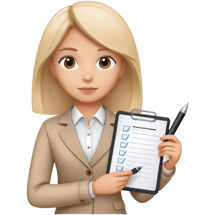 a person holding a checklist and pen, wearing smart casual clothing. The character is in a focused pose emoji
