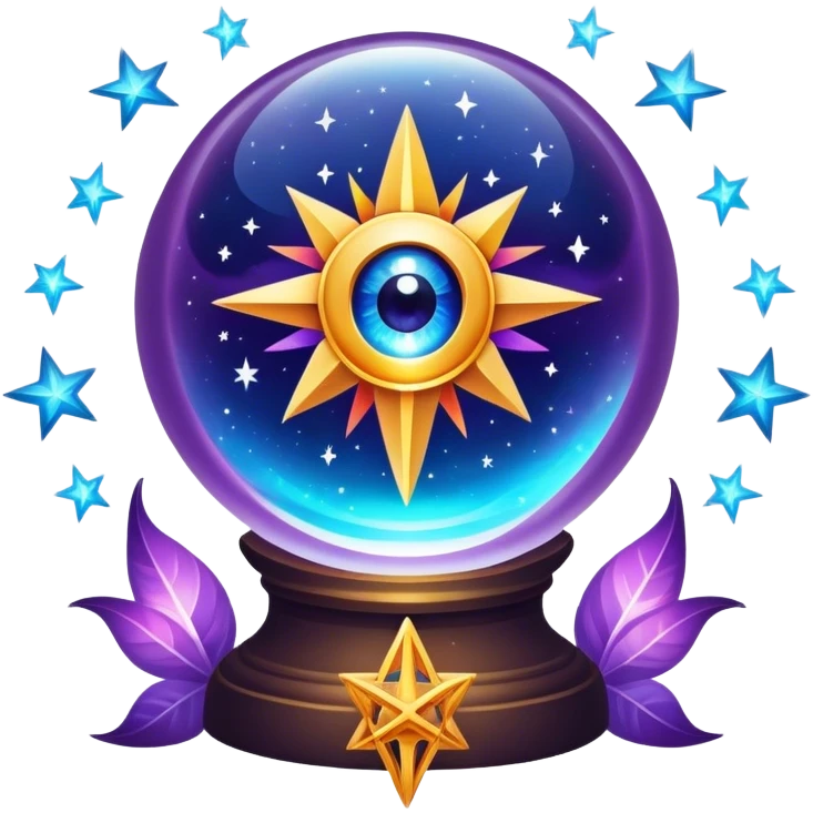 A vibrant, mystical icon symbolizing fortune telling and esotericism. Include elements like a crystal ball, tarot cards, stars, and mystical symbols with a glowing, ethereal feel. The design should be colorful, eye-catching, and evoke a sense of magic and mystery. emoji