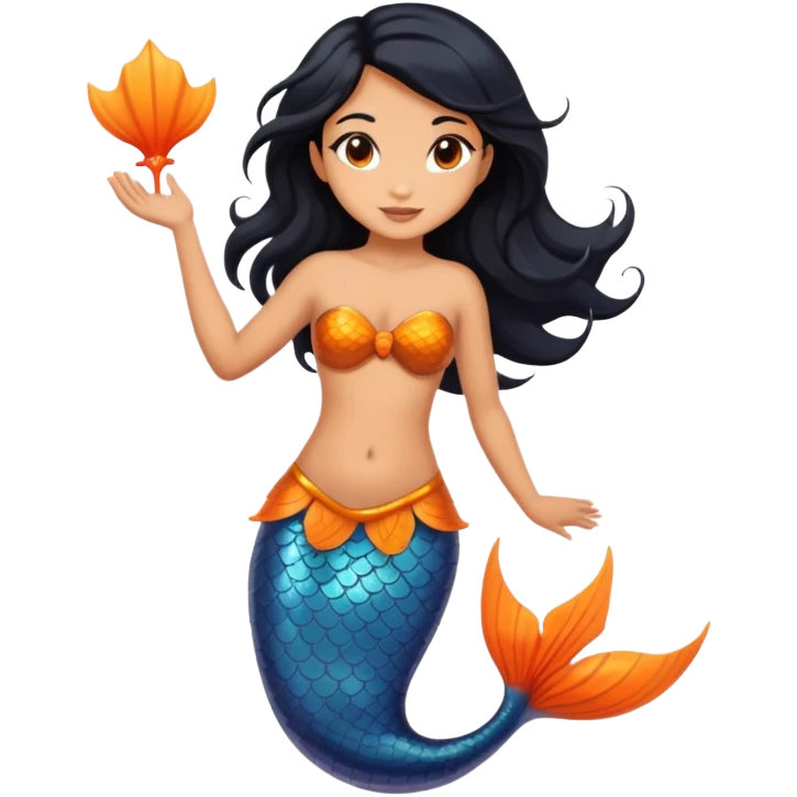 Mermaid with black hair and brown eyes, tail orange and Tan-skinned emoji
