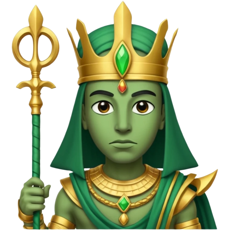 Ancient Egyptian god Osiris with green skin, Atef crown, and holding emoji