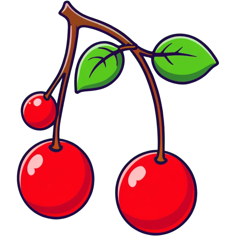 Two plump red cherries hanging from a small branch with green leaves emoji