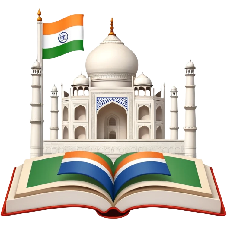 An icon featuring the Taj Mahal and the flag of India, symbolizing the Hindi language. The design includes an open book with Hindi script, representing language learning and cultural richness. Transparent background highlights the heritage of India. emoji