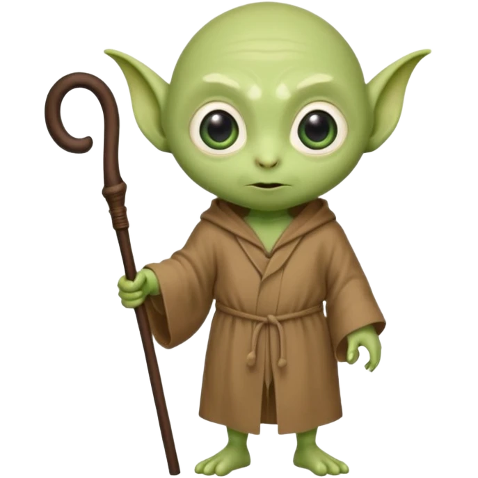 cute little green alien with bald wrinkly head, big oval eyes, giant ears, short and stout body, wearing a brown robe and holding a short walking stick or cane emoji