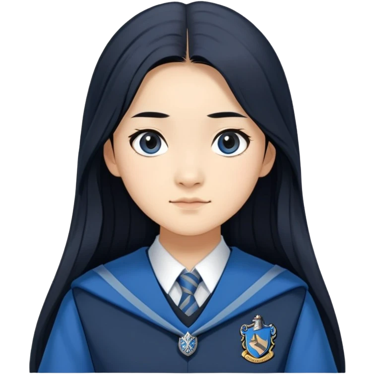 Cho Chang in harry potter, wear hogwarts Ravenclaw uniform, long black hair, not wearing hat emoji