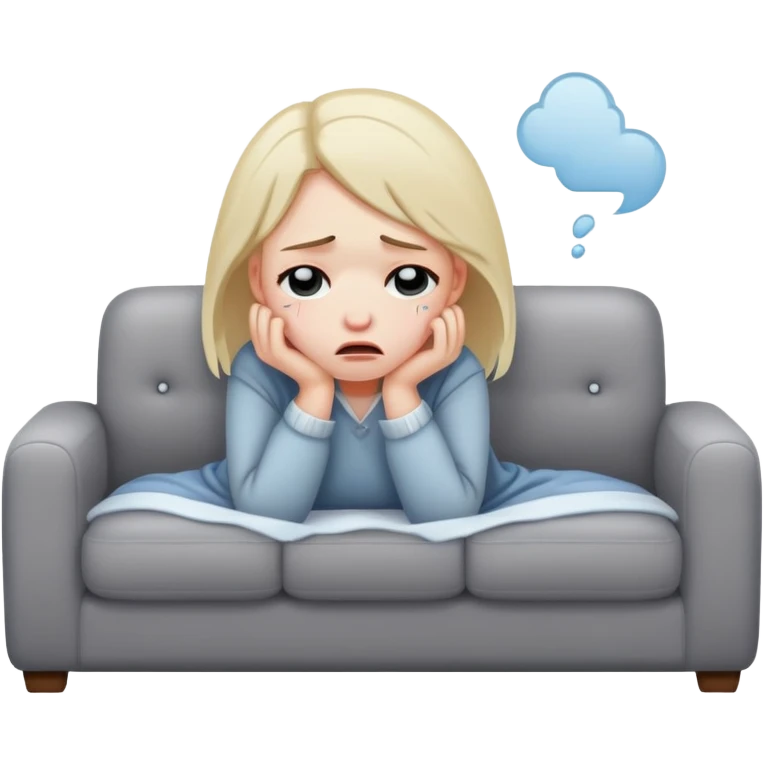 sad girl crying on the cozy grey couch  emoji