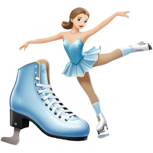 An icon showing elegant figure skates in close-up on a glossy ice surface, with a graceful skater performing in the background. The scene is set inside a grand indoor ice arena with spotlights, decorative banners, and a cheering audience. Transparent background. emoji