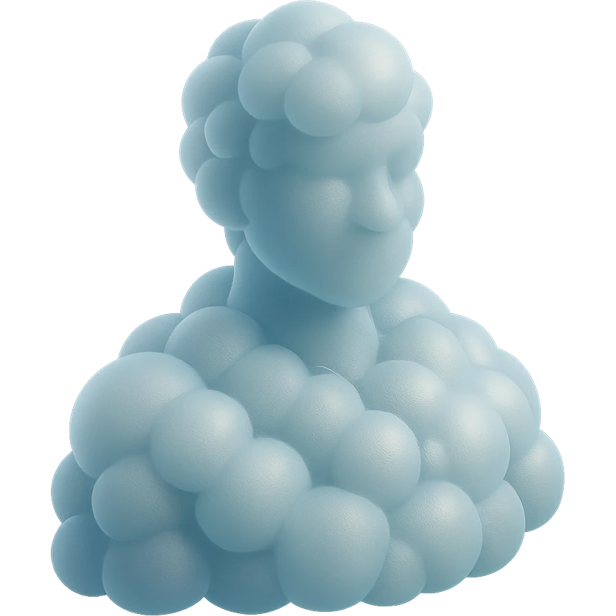 person from shoulders front view, fully composed of bright convex clouds, face also made of clouds, matte glass style emoji