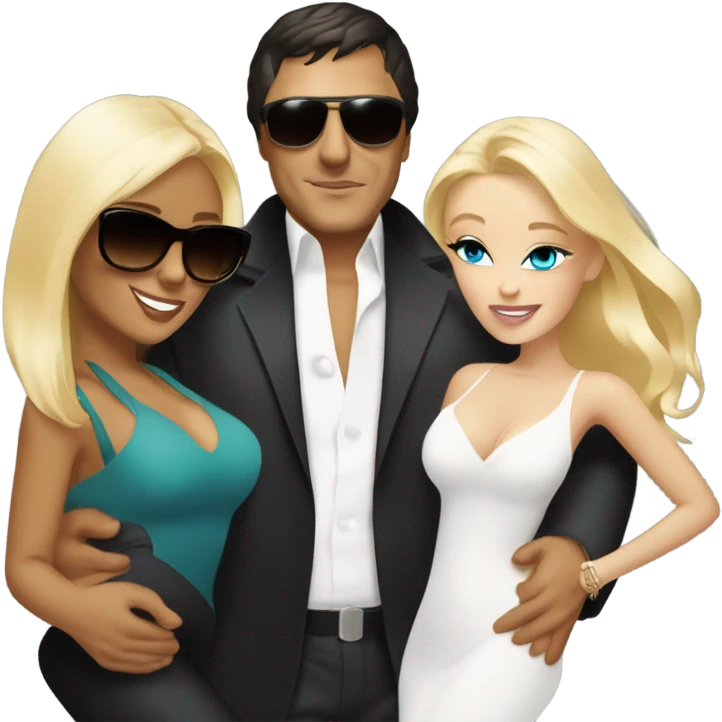 Tony Montana sunglasses smirking with 2 beautiful blondes hugging him emoji